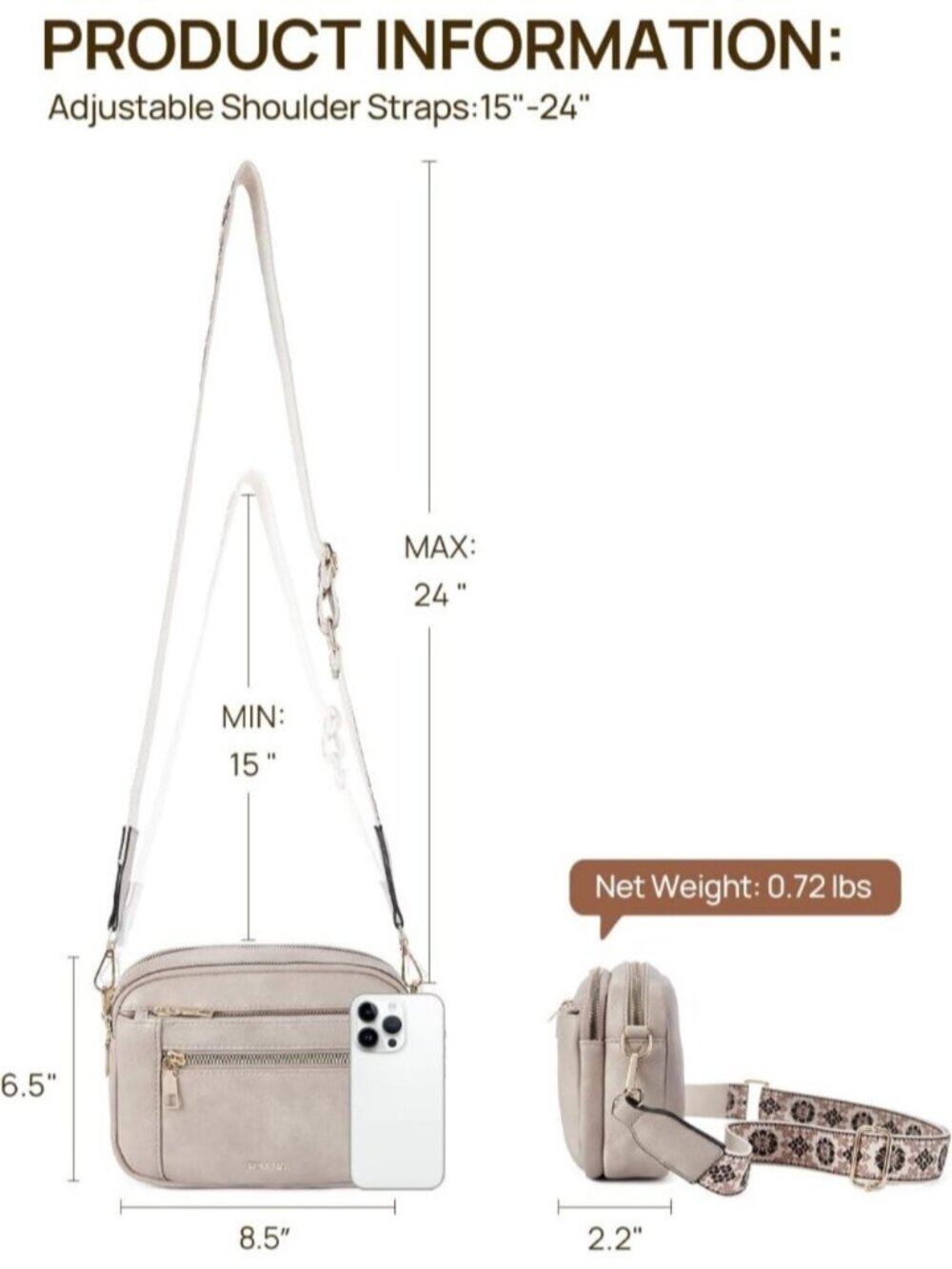 〽️Women's Grey Adjustable Wide Striped Vegan Leather Purse Crossbody Bags - Picture 4 of 6